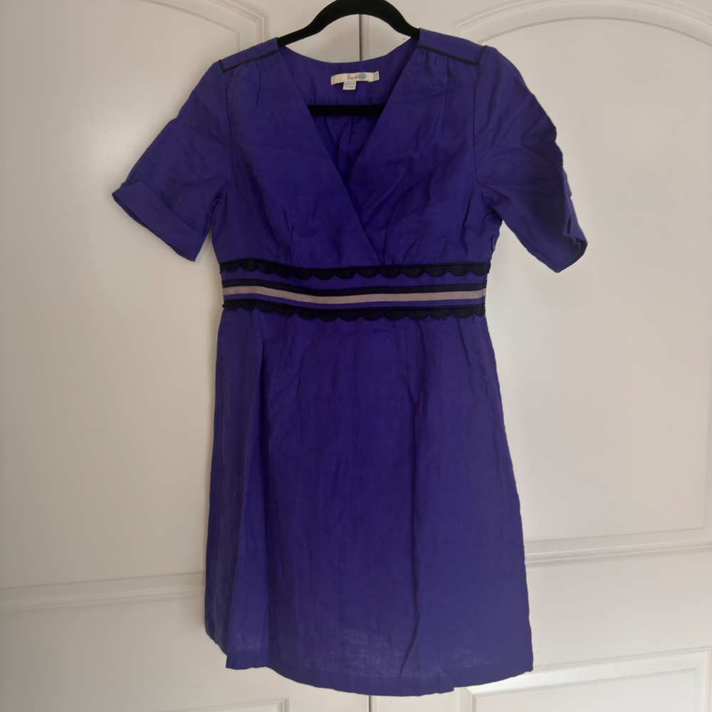 Boden Purple Linen Blend Scalloped Empire Waist V-Neck Dress Womens 6P